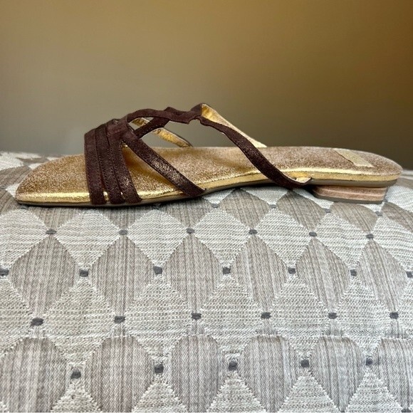 Shoola Layla Brown Leather Slide Sandals Metallic Gold Footbed Size EU 39 US 8 - Picture 3 of 12